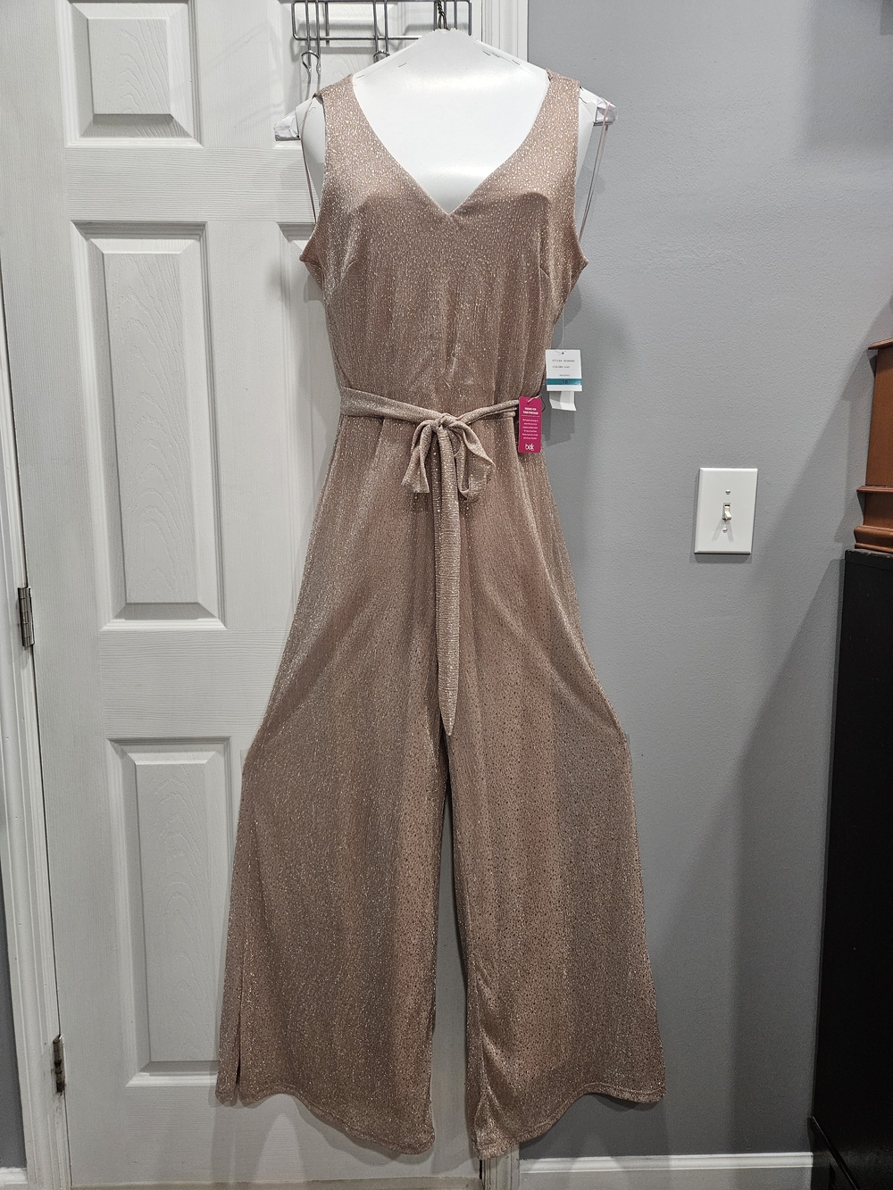 Gabby Skye Shimmery Taupe Wide-Leg V-Neck Jumpsuit with Tie Waist